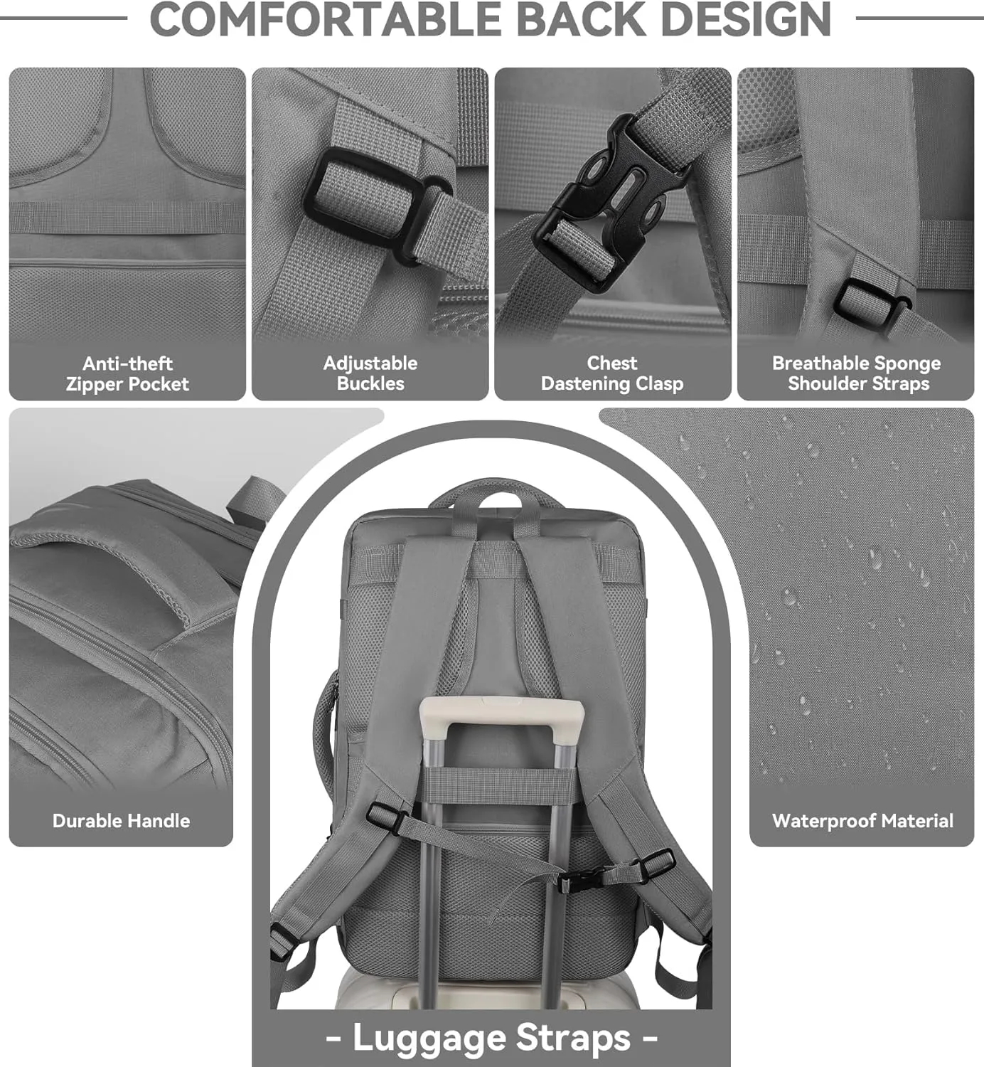 Carry On Backpack, 50L Extra Travel Laptop Backpack for Men Women, Big Bag Business Travel Essentials Gifts for men Flight Approved, 17 Inch Laptop Backpack Computer Bag Gifts for Him Men, Grey