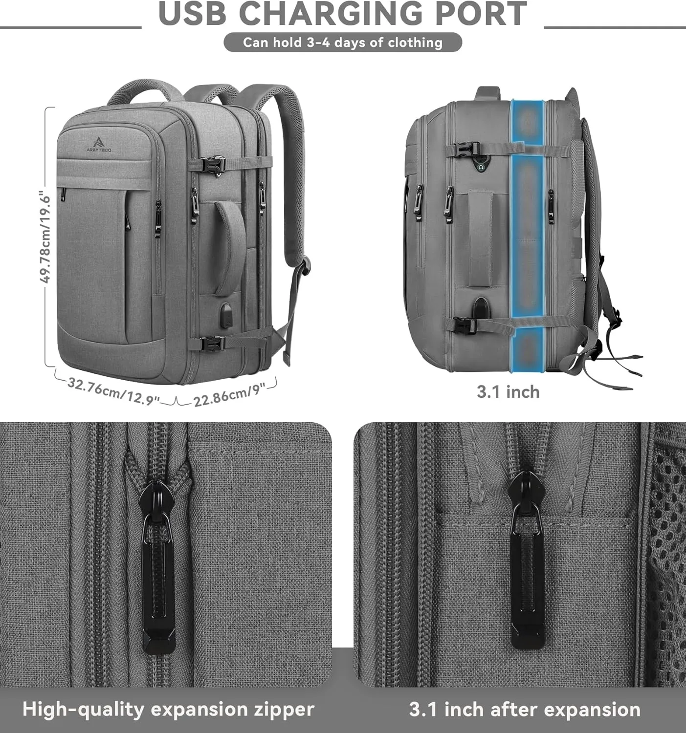Carry On Backpack, 50L Extra Travel Laptop Backpack for Men Women, Big Bag Business Travel Essentials Gifts for men Flight Approved, 17 Inch Laptop Backpack Computer Bag Gifts for Him Men, Grey