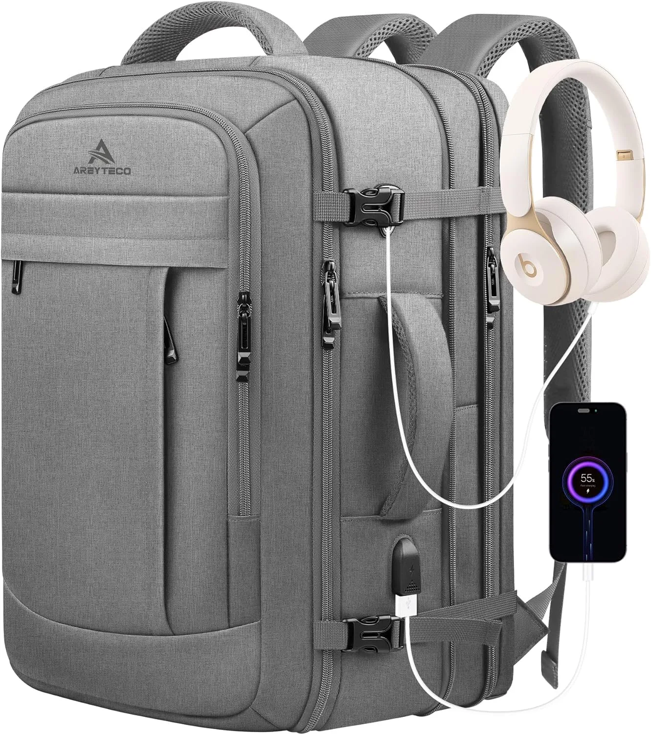 Carry On Backpack, 50L Extra Travel Laptop Backpack for Men Women, Big Bag Business Travel Essentials Gifts for men Flight Approved, 17 Inch Laptop Backpack Computer Bag Gifts for Him Men, Grey