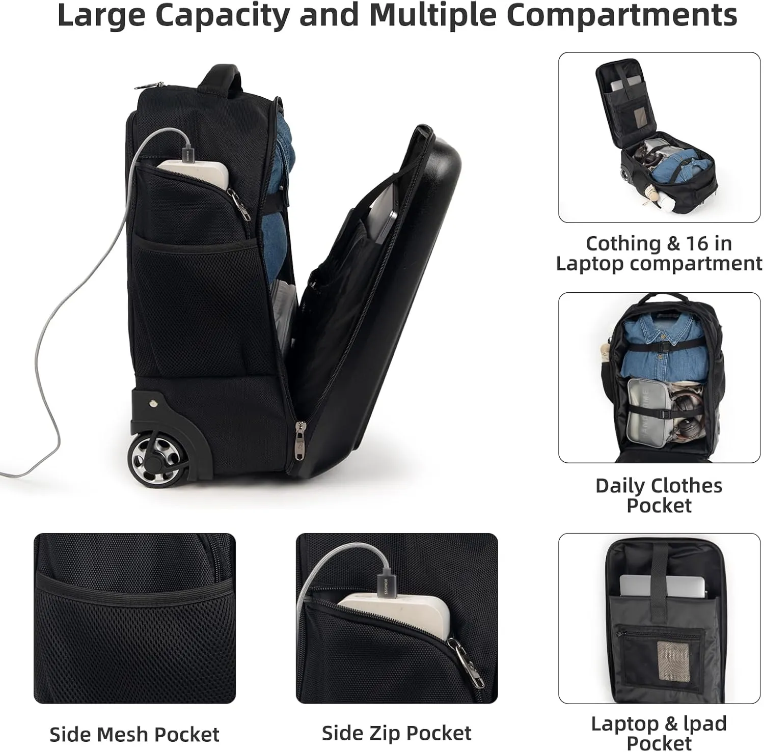 Carry-on luggage 19 Inch Travel luggage with Wheels，suitcase for Business and College (Black, 19 Inch)
