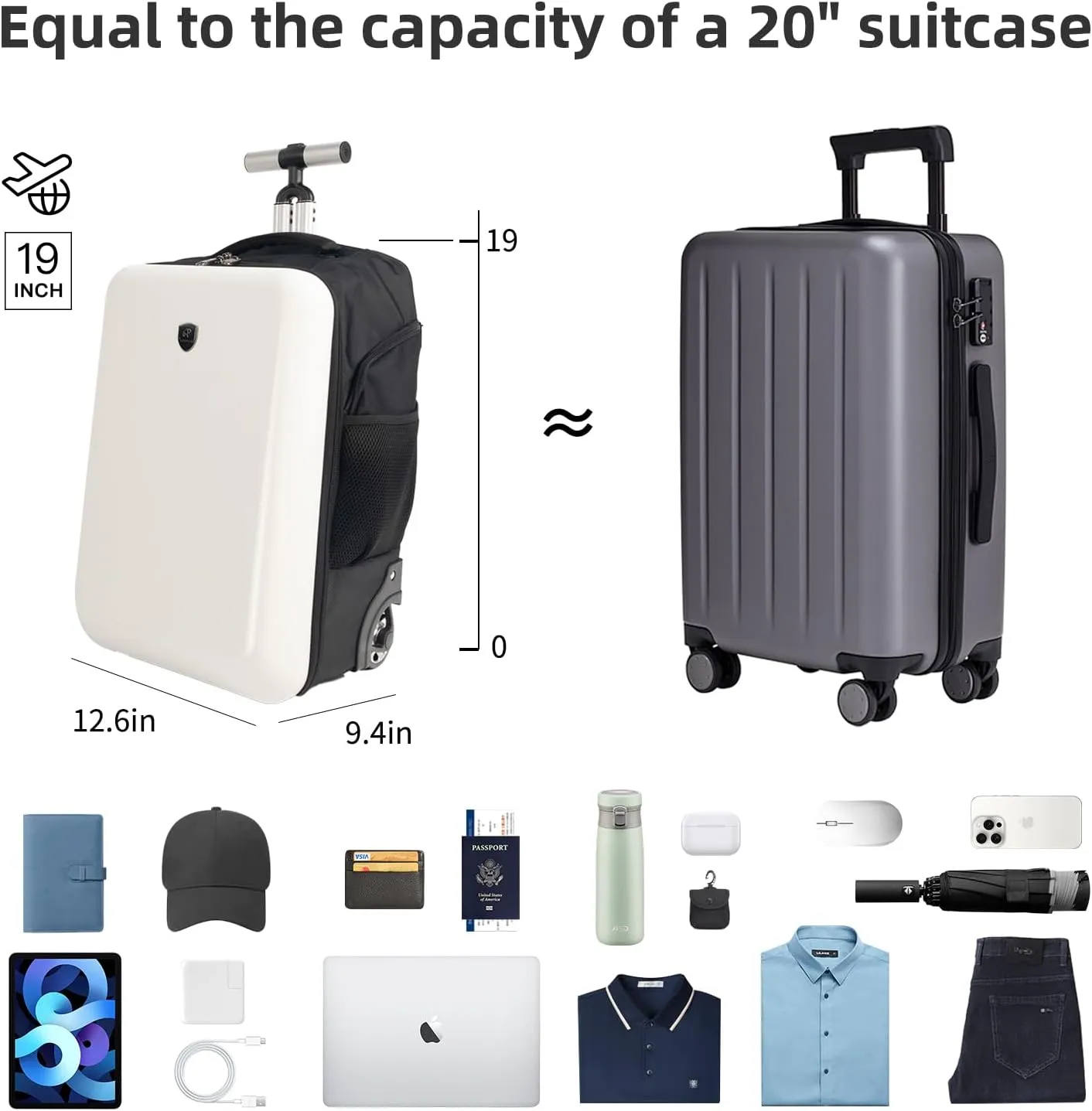 Carry-on luggage 19 Inch Travel luggage with Wheels，suitcase for Business and College (White, 19 Inch)