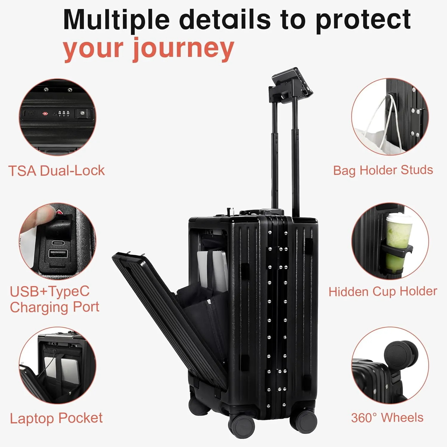Carry On Luggage 22x14x9 Airline Approved Aluminum Frame, 20 Inch Hard Shell Carry On Luggage, Suitcase Carry-on Zipperless Luggage, TSA Approved (Black)