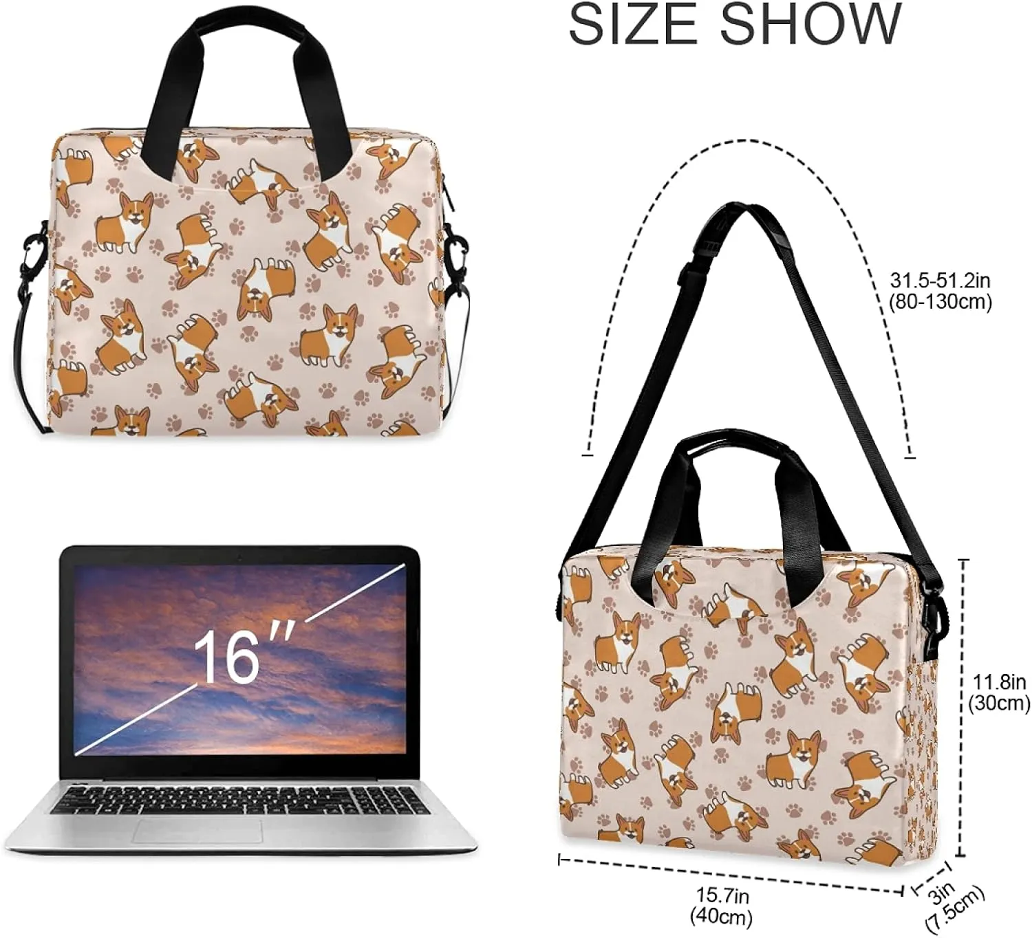 Cartoon Corgi Puppy Dog Laptop Messenger Bag Case Sleeve Briefcase for Men Women
