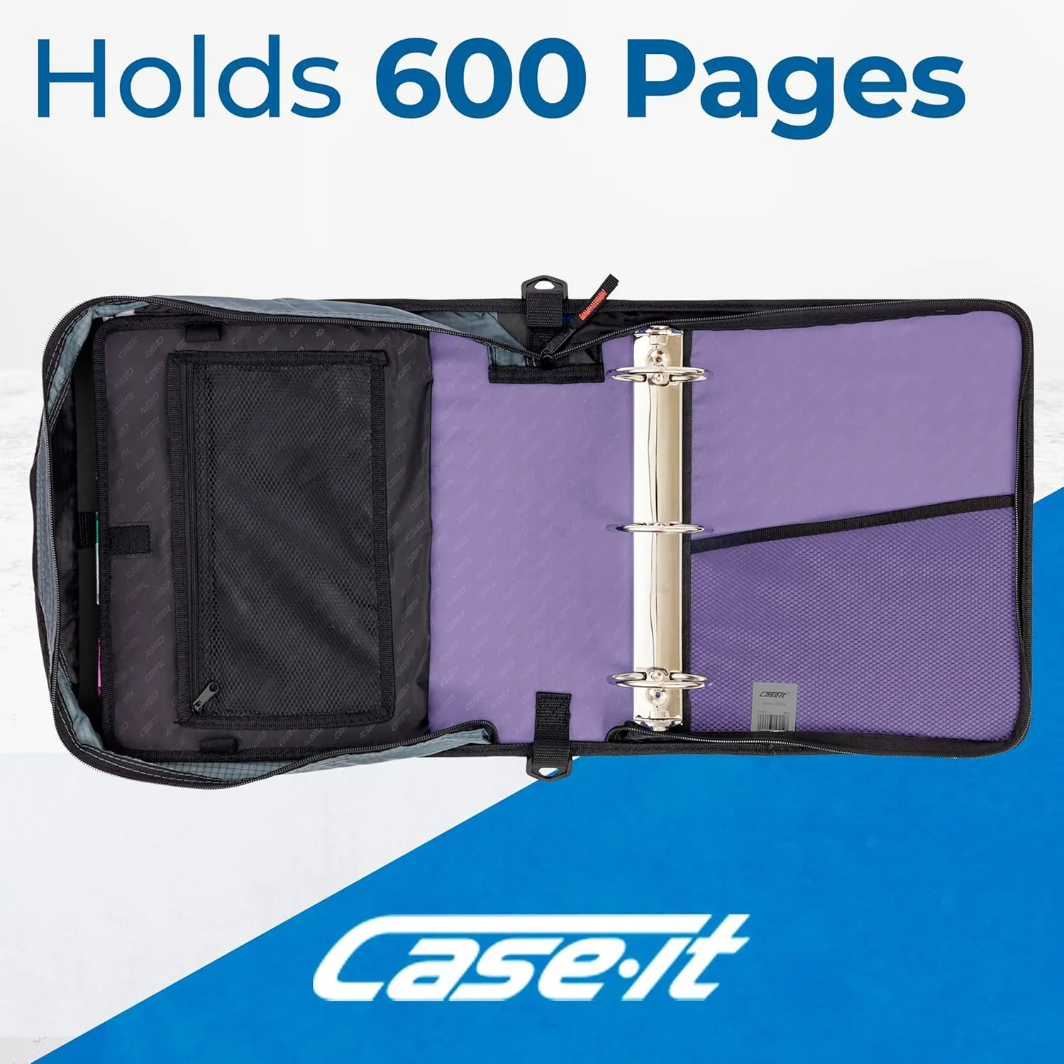 Case-it The Mighty Zip Tab Zipper Binder - 3 Inch O-Rings - 5 Color Tab Expanding File Folder - Multiple Pockets - 600 Sheet Capacity - Comes with Shoulder Strap - Lavender D-146