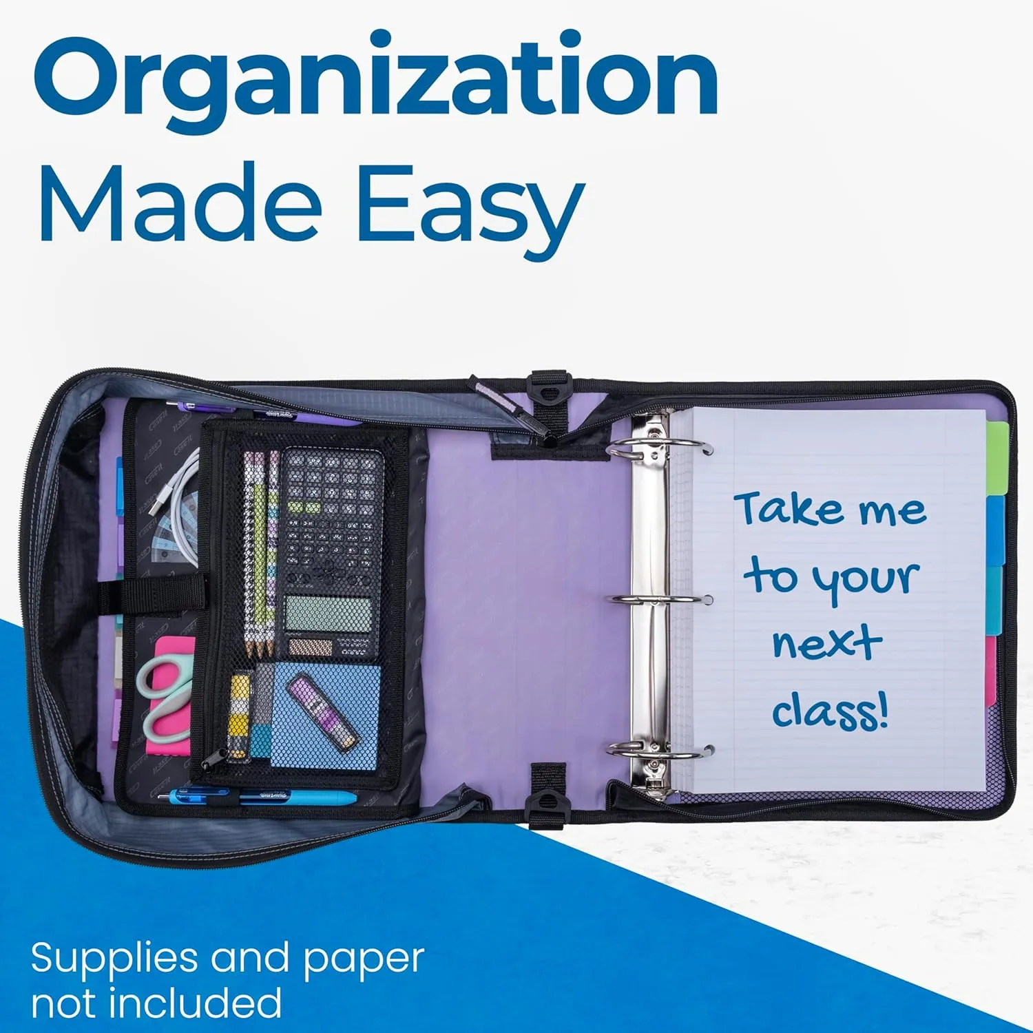 Case-it The Mighty Zip Tab Zipper Binder - 3 Inch O-Rings - 5 Color Tab Expanding File Folder - Multiple Pockets - 600 Sheet Capacity - Comes with Shoulder Strap - Lavender D-146