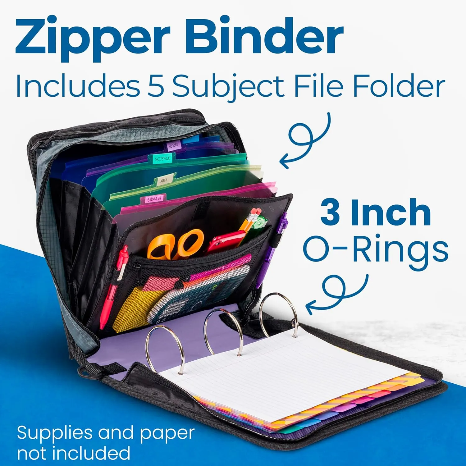 Case-it The Mighty Zip Tab Zipper Binder - 3 Inch O-Rings - 5 Color Tab Expanding File Folder - Multiple Pockets - 600 Sheet Capacity - Comes with Shoulder Strap - Lavender D-146