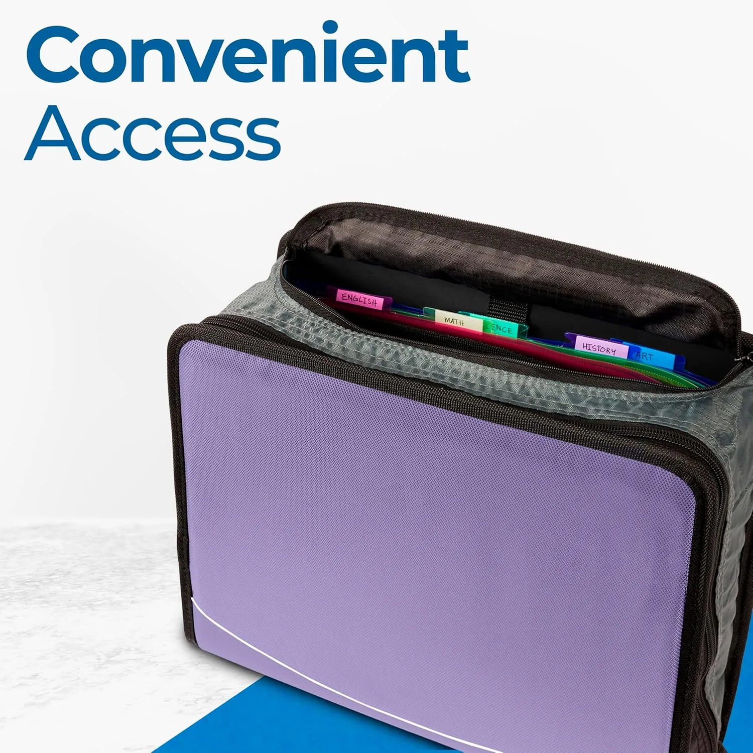 Case-it The Mighty Zip Tab Zipper Binder - 3 Inch O-Rings - 5 Color Tab Expanding File Folder - Multiple Pockets - 600 Sheet Capacity - Comes with Shoulder Strap - Lavender D-146
