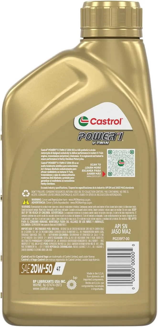 Castrol Power1 V-Twin 20W-50 Full Synthetic Motorcycle Oil, 1 Quart, Pack of 6
