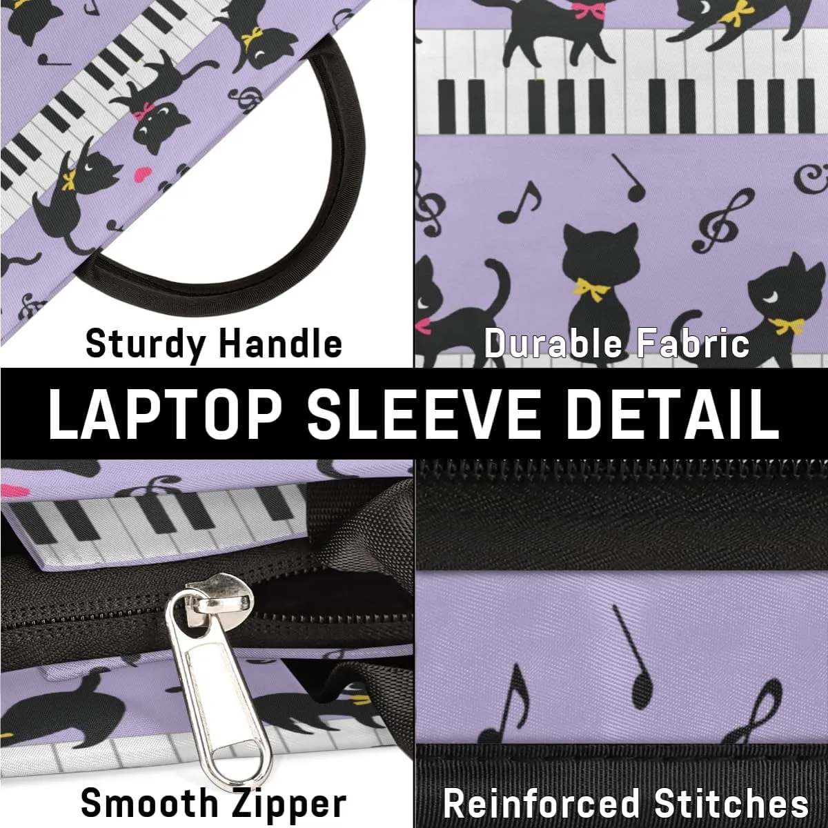Cat Piano Music Laptop Sleeve Case 13 13.3 14 Inch Laptop Bag with Handle & Pockets Durable Notebook Computer Carrying Case for Men Women Multi-Color & Size Choices