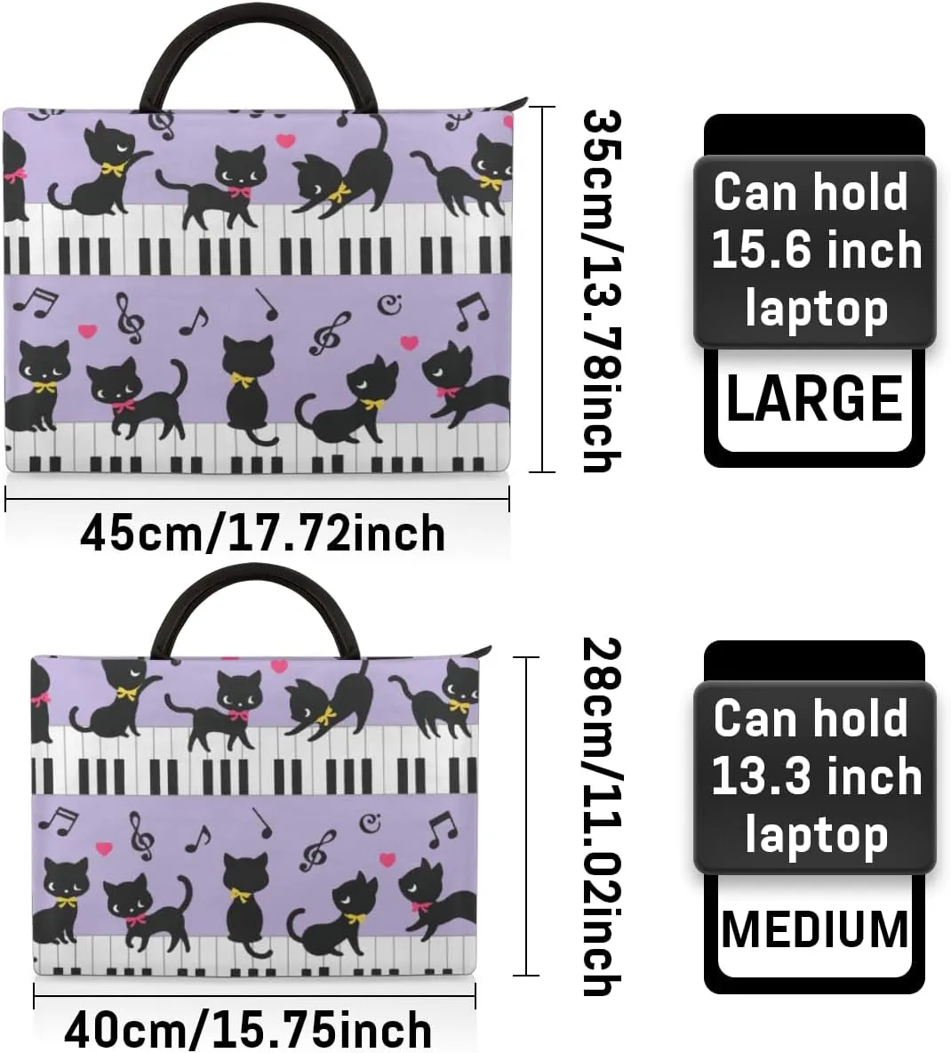 Cat Piano Music Laptop Sleeve Case 13 13.3 14 Inch Laptop Bag with Handle & Pockets Durable Notebook Computer Carrying Case for Men Women Multi-Color & Size Choices