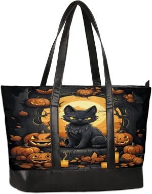 Cat Pumpkin Lamp Laptop Tote Bag for Women Lightweight Work Purse with Multiple Compartments Fits 13-15.6 Inch Laptop Tablet Shoulder Bag for Office Travel Daily Use