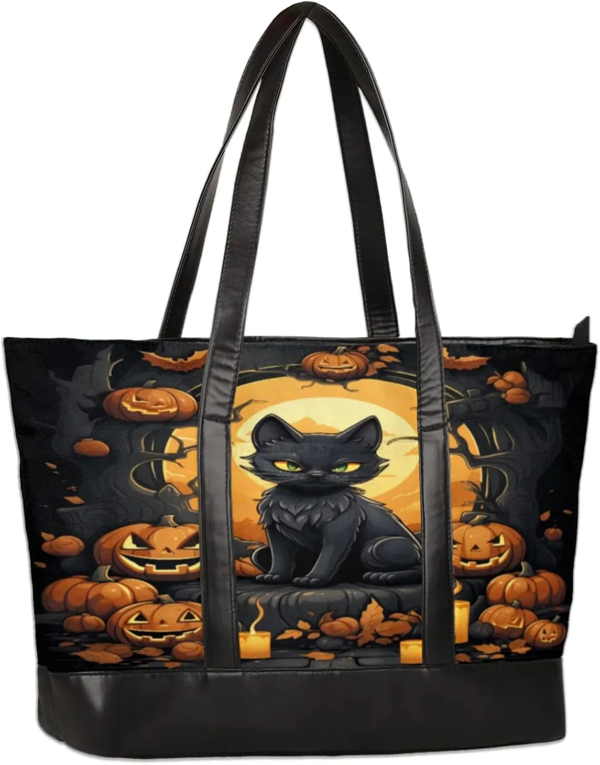 Cat Pumpkin Lamp Laptop Tote Bag for Women Lightweight Work Purse with Multiple Compartments Fits 13-15.6 Inch Laptop Tablet Shoulder Bag for Office Travel Daily Use