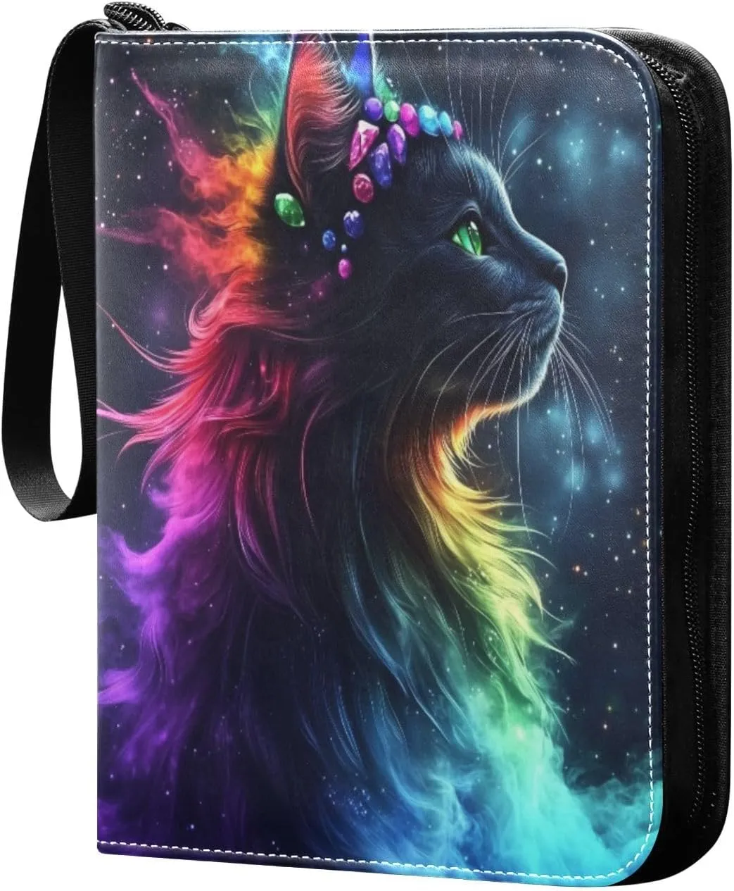 Cat Wearing Colorful Gemstone Cards Binder 4 Pocket Fits 400 Cards with 50 Removable Sleevesves, Trading Card Collector Zipper Album Holder Portable Card Games Display Storage Cases