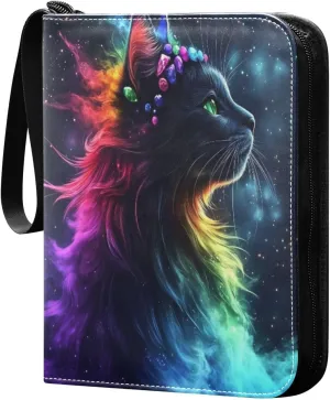 Cat Wearing Colorful Gemstone Cards Binder 4 Pocket Fits 400 Cards with 50 Removable Sleevesves, Trading Card Collector Zipper Album Holder Portable Card Games Display Storage Cases