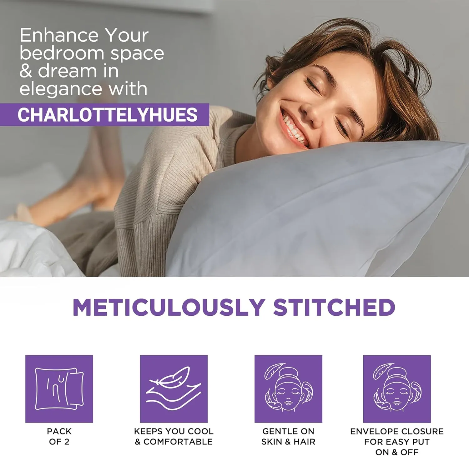 CharlottelyHues 1000 Thread Count Pillowcases Set of 2-100% Egyptian Cotton Pillow Cases with Long-Staple Combed Pillows for Sleeping, Soft & Silky Bed Pillow Cover (Silver, Standard/Queen)