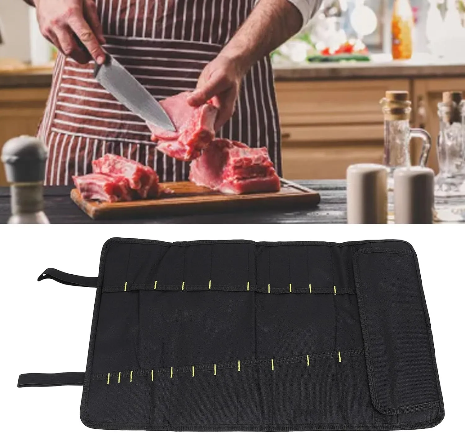 Chef Knife Bag, Multifunctional Portable Cutlery Storage Roll Protectors Canvas Cultery Carrier Cases Pouch Handle Kitchen Carrying Case Layer Shoulder Strap Professional Travel Sheath(Green)