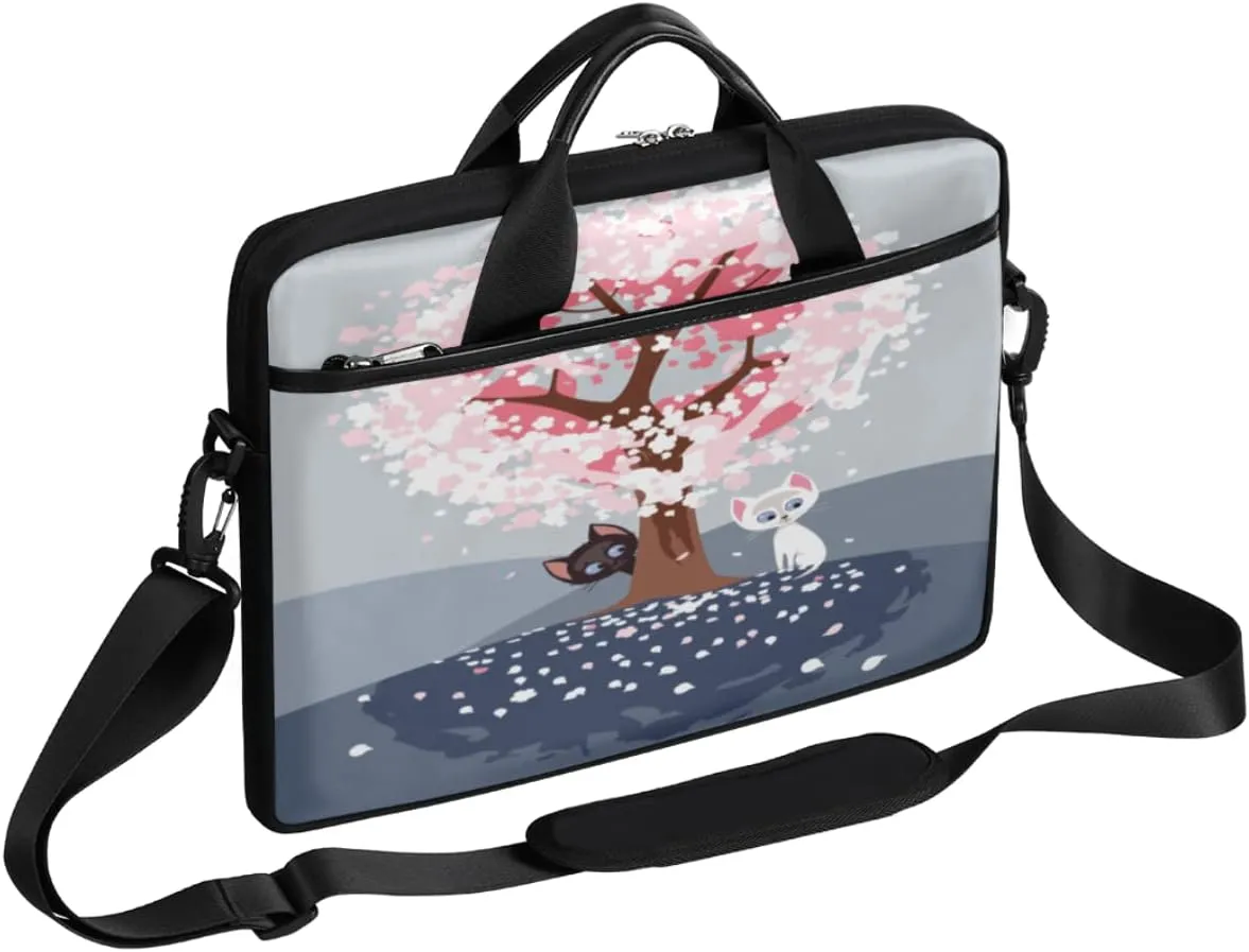 Cherry Blossom Cat Kitten Laptop Shoulder Messenger Bag Waterproof Laptop Briefcase Handle Padded Strap