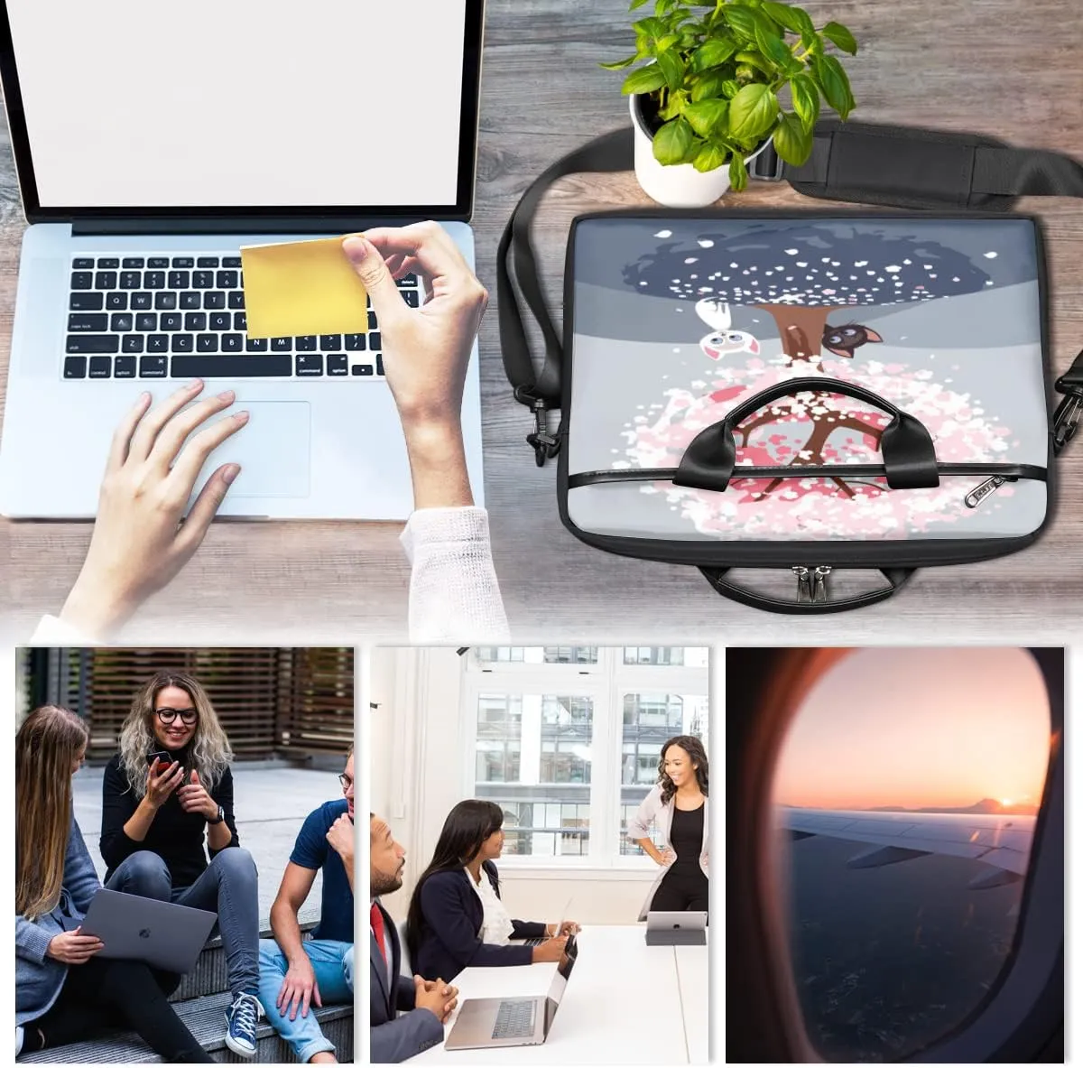 Cherry Blossom Cat Kitten Laptop Shoulder Messenger Bag Waterproof Laptop Briefcase Handle Padded Strap