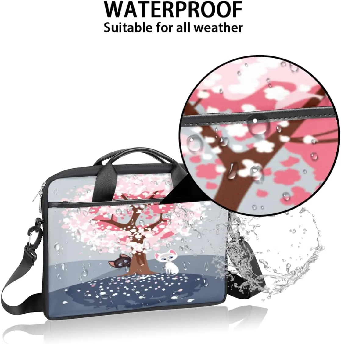 Cherry Blossom Cat Kitten Laptop Shoulder Messenger Bag Waterproof Laptop Briefcase Handle Padded Strap