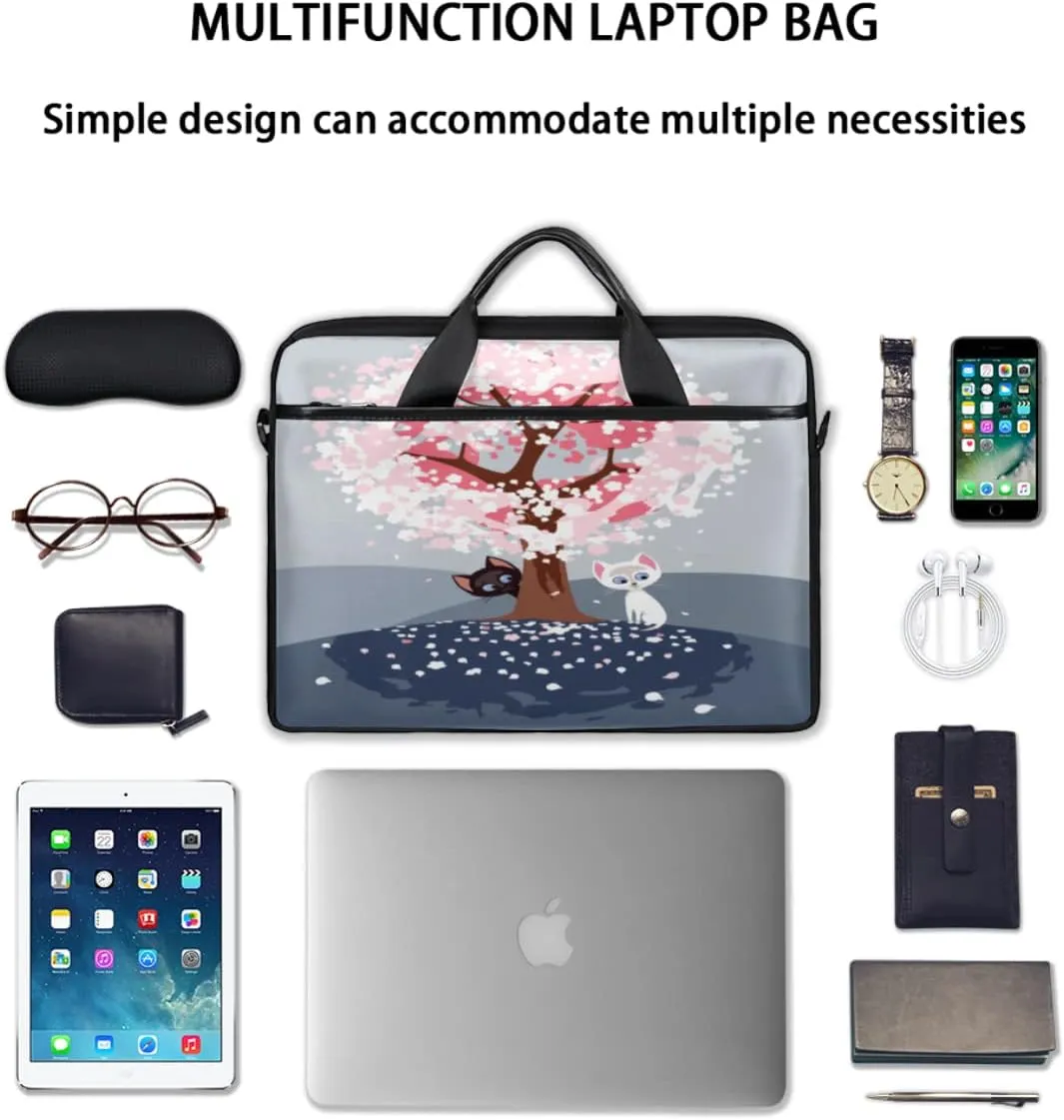 Cherry Blossom Cat Kitten Laptop Shoulder Messenger Bag Waterproof Laptop Briefcase Handle Padded Strap