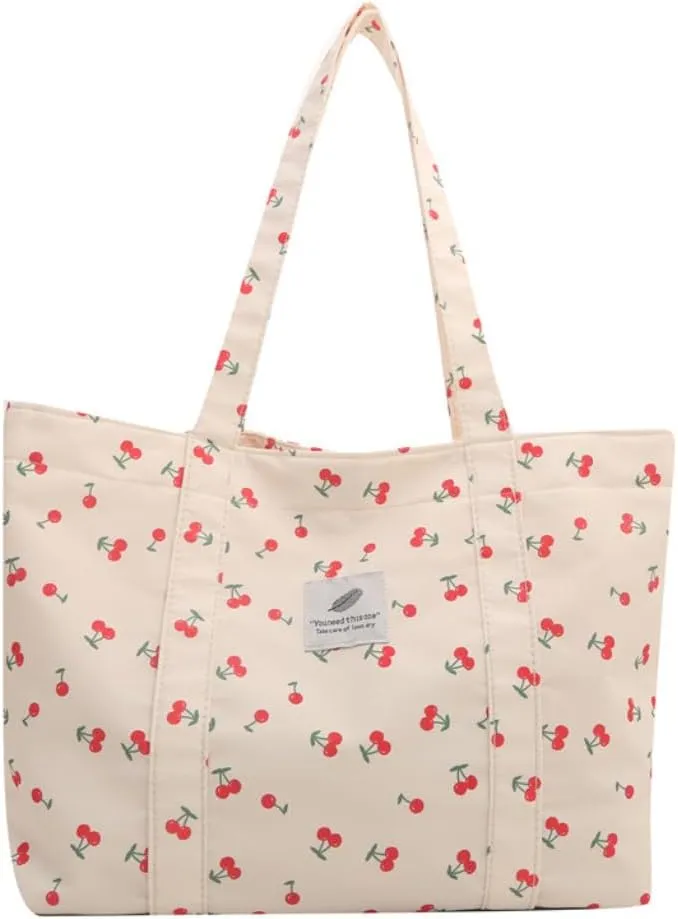 Cherry Tote Bag Cute Cherry Purse Strawberry Sholder Bag for Women Canvas Handbag with Pocket (white_cherry)