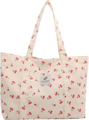 Cherry Tote Bag Cute Cherry Purse Strawberry Sholder Bag for Women Canvas Handbag with Pocket (white_cherry)
