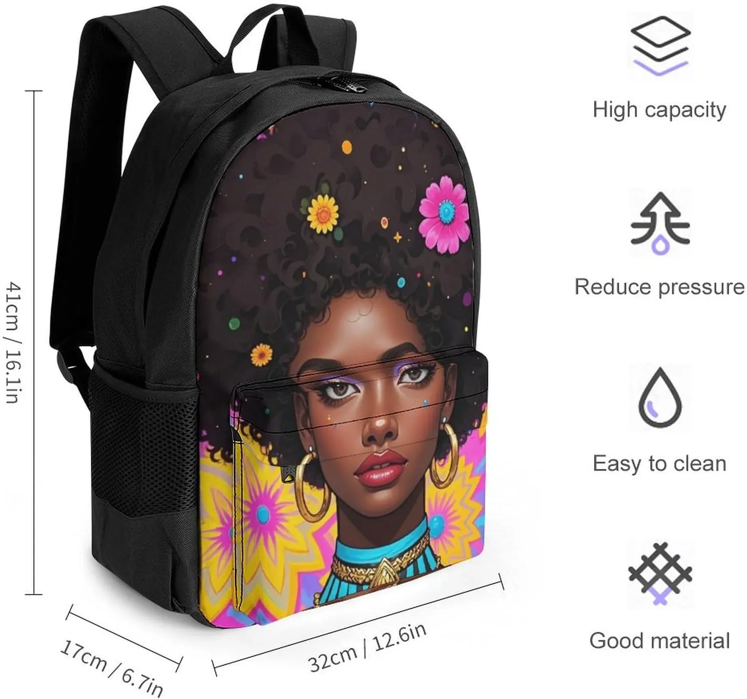 Chic Cartoon Black Woman African American Woman Art Daypack Backpack Polyester Multipurpose Anti-Theft Shoulder Bag Big Capacity Gym Outdoor Hiking Backpack With Smooth Zippers