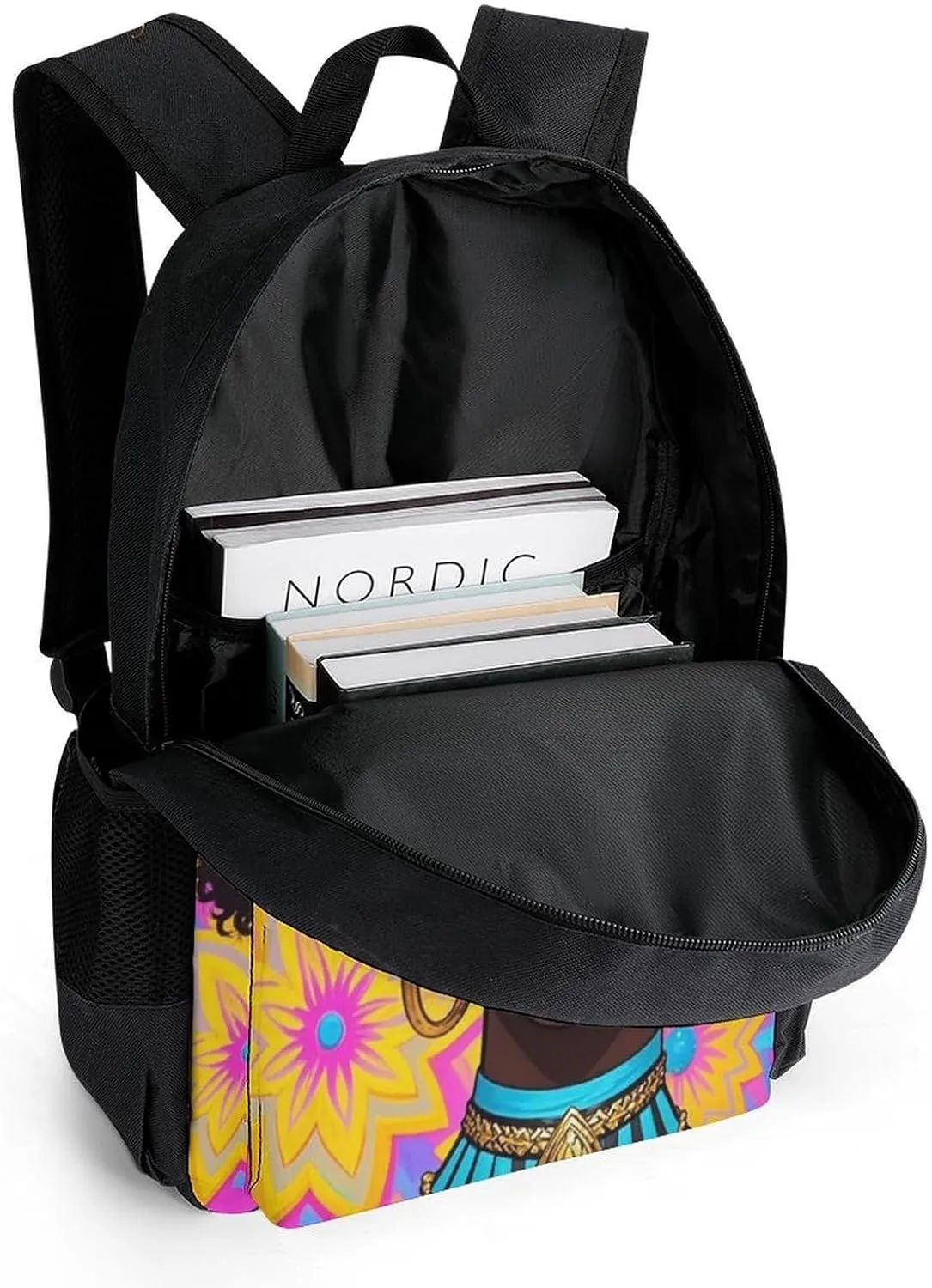 Chic Cartoon Black Woman African American Woman Art Daypack Backpack Polyester Multipurpose Anti-Theft Shoulder Bag Big Capacity Gym Outdoor Hiking Backpack With Smooth Zippers