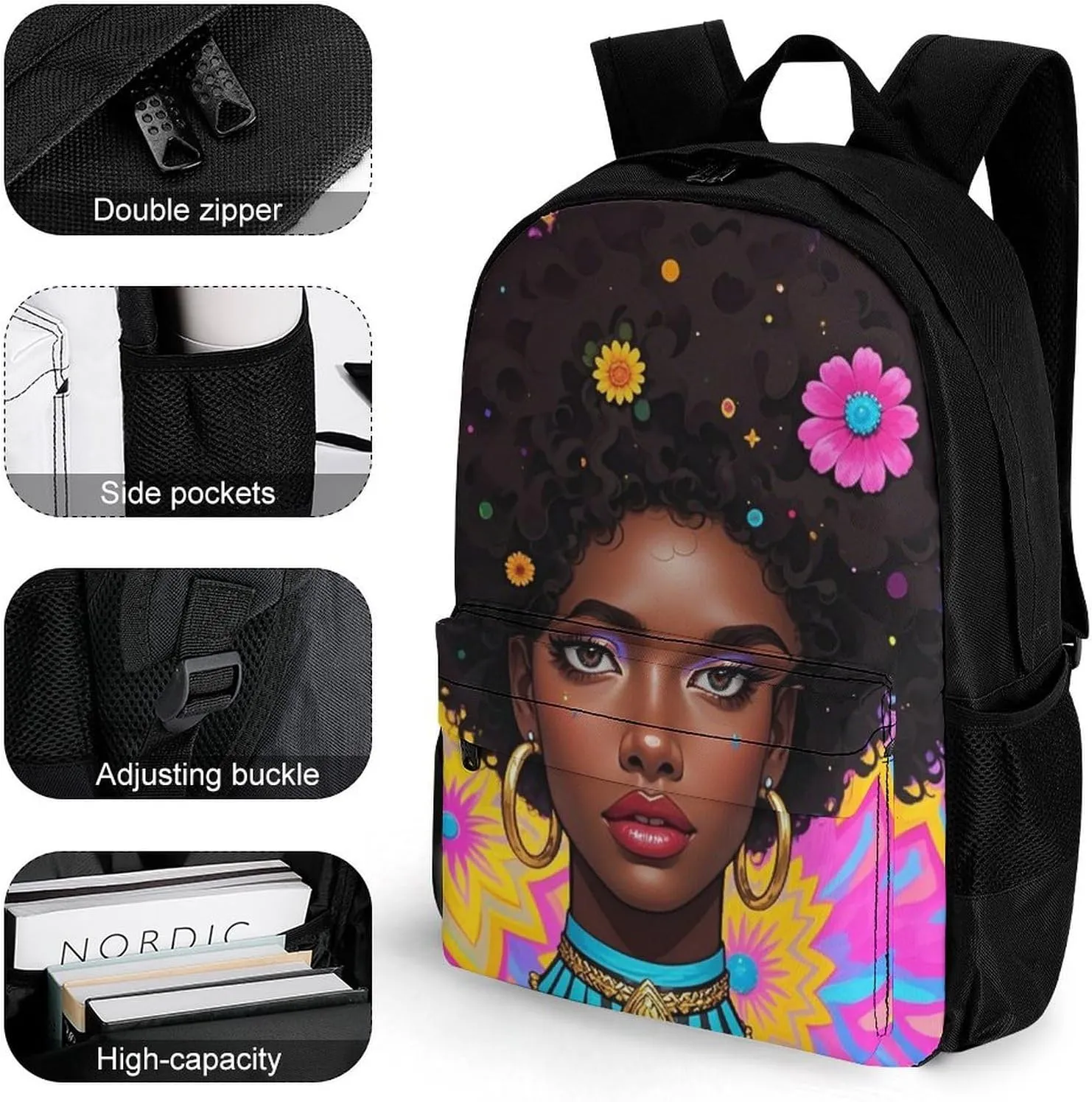 Chic Cartoon Black Woman African American Woman Art Daypack Backpack Polyester Multipurpose Anti-Theft Shoulder Bag Big Capacity Gym Outdoor Hiking Backpack With Smooth Zippers