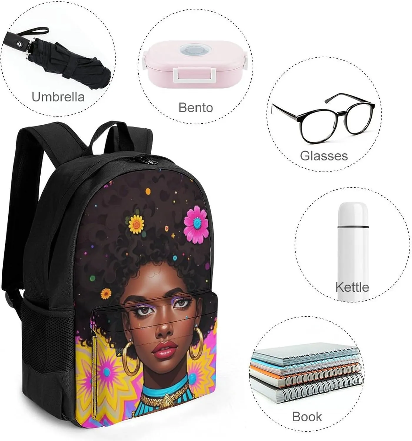 Chic Cartoon Black Woman African American Woman Art Daypack Backpack Polyester Multipurpose Anti-Theft Shoulder Bag Big Capacity Gym Outdoor Hiking Backpack With Smooth Zippers