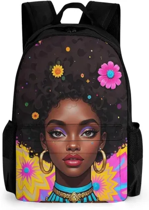 Chic Cartoon Black Woman African American Woman Art Daypack Backpack Polyester Multipurpose Anti-Theft Shoulder Bag Big Capacity Gym Outdoor Hiking Backpack With Smooth Zippers
