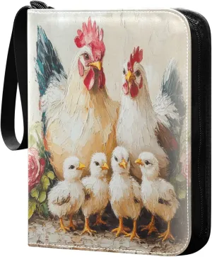 Chickens and Flowers Oil Painting Cards Binder 4 Pocket Fits 400 Cards with 50 Removable Sleevesves, Trading Card Collector Zipper Album Holder Portable Card Games Display Storage Cases