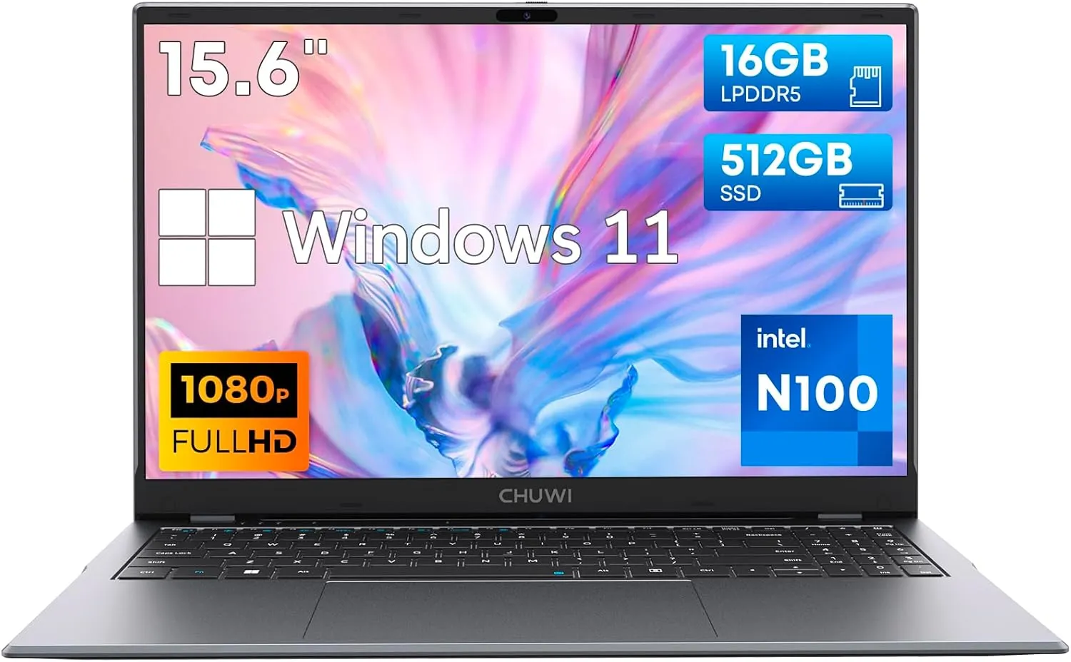 CHUWI GemiBook Plus Laptop 15.6'', 512GB SSD 16GB LPDDR5, Intel N100(Up to 3.4GHz, TDP 15W), Windows 11 Laptops Computer, 1TB SSD Expend, IPS FHD 1920 * 1080, HDMI, WiFi 6, BT5.2, USB 3.0, Webcam