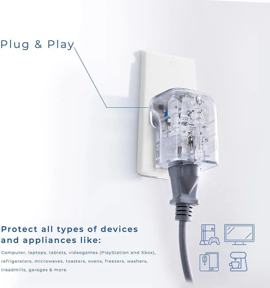 Clamper Single Surge Protector Outlet 1800 Joules, 1875W, for TV, PC, Xbox, PS5, Refrigerators and Other Appliances (Compact Wall Surge Protector), iCLAMPER Pocket Fit, 4-Pack in Clear