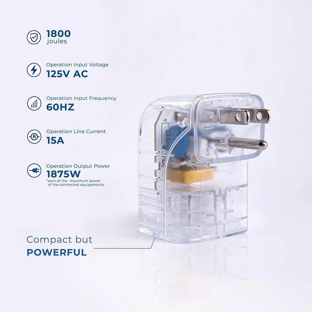Clamper Single Surge Protector Outlet 1800 Joules, 1875W, for TV, PC, Xbox, PS5, Refrigerators and Other Appliances (Compact Wall Surge Protector), iCLAMPER Pocket Fit, 4-Pack in Clear