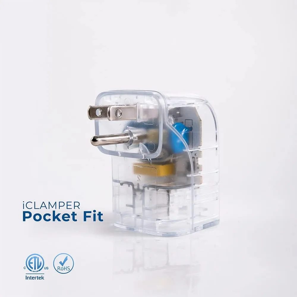 Clamper Single Surge Protector Outlet 1800 Joules, 1875W, for TV, PC, Xbox, PS5, Refrigerators and Other Appliances (Compact Wall Surge Protector), iCLAMPER Pocket Fit, 4-Pack in Clear