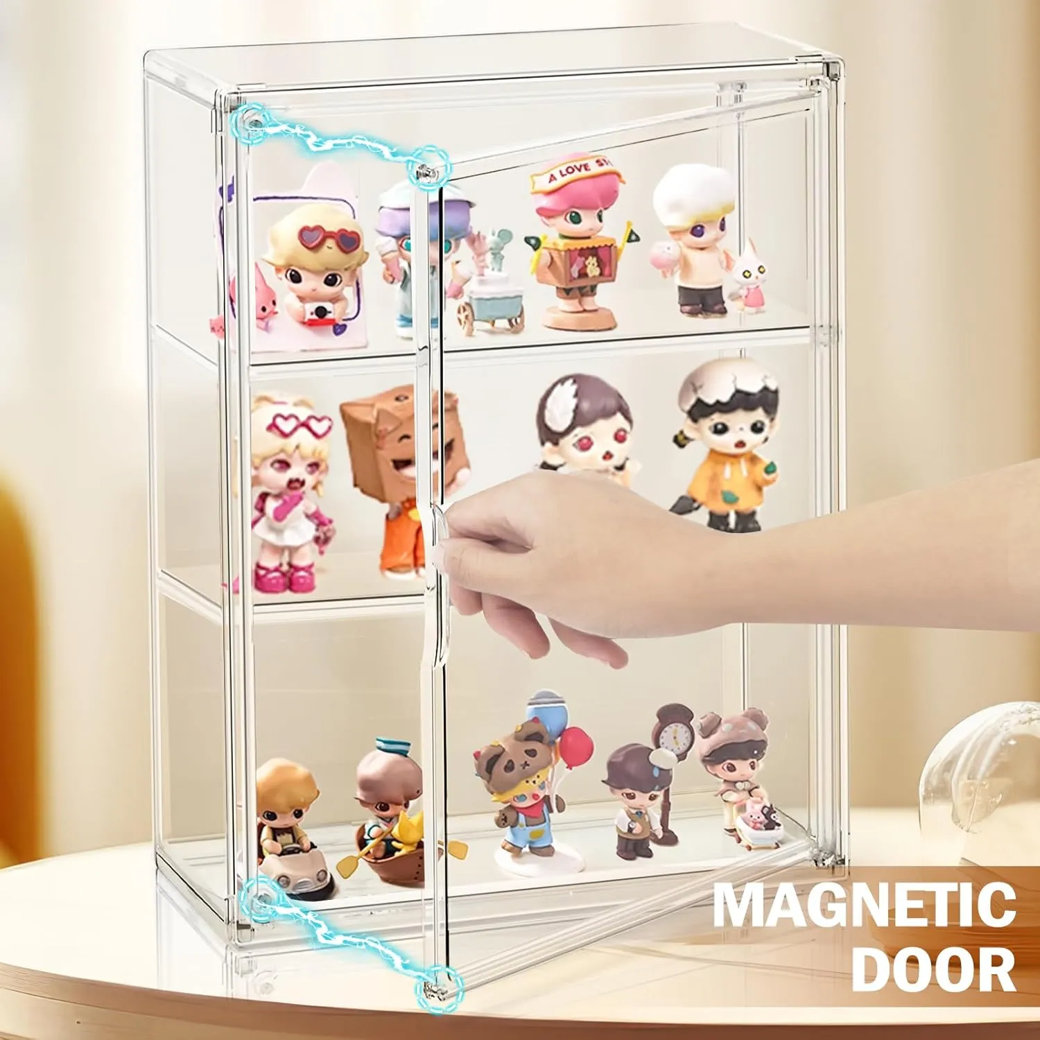Clear Acrylic Display Case for Figures 3 Tiers, Desktop Clear Showcase with 2 Adjustable Divider Storage Box Cabinet Organizer for Collectibles, Action Figure