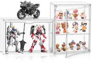 Clear Acrylic Display Case for Figures 3 Tiers, Desktop Clear Showcase with 2 Adjustable Divider Storage Box Cabinet Organizer for Collectibles, Action Figure