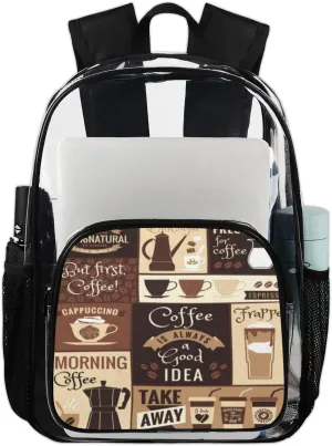Clear Backpack Bag Coffee Topics Cafe Design,Heavy Duty PVC Transparent Backpack,Bookbag See Through for School,Sports,Work,Travel,College
