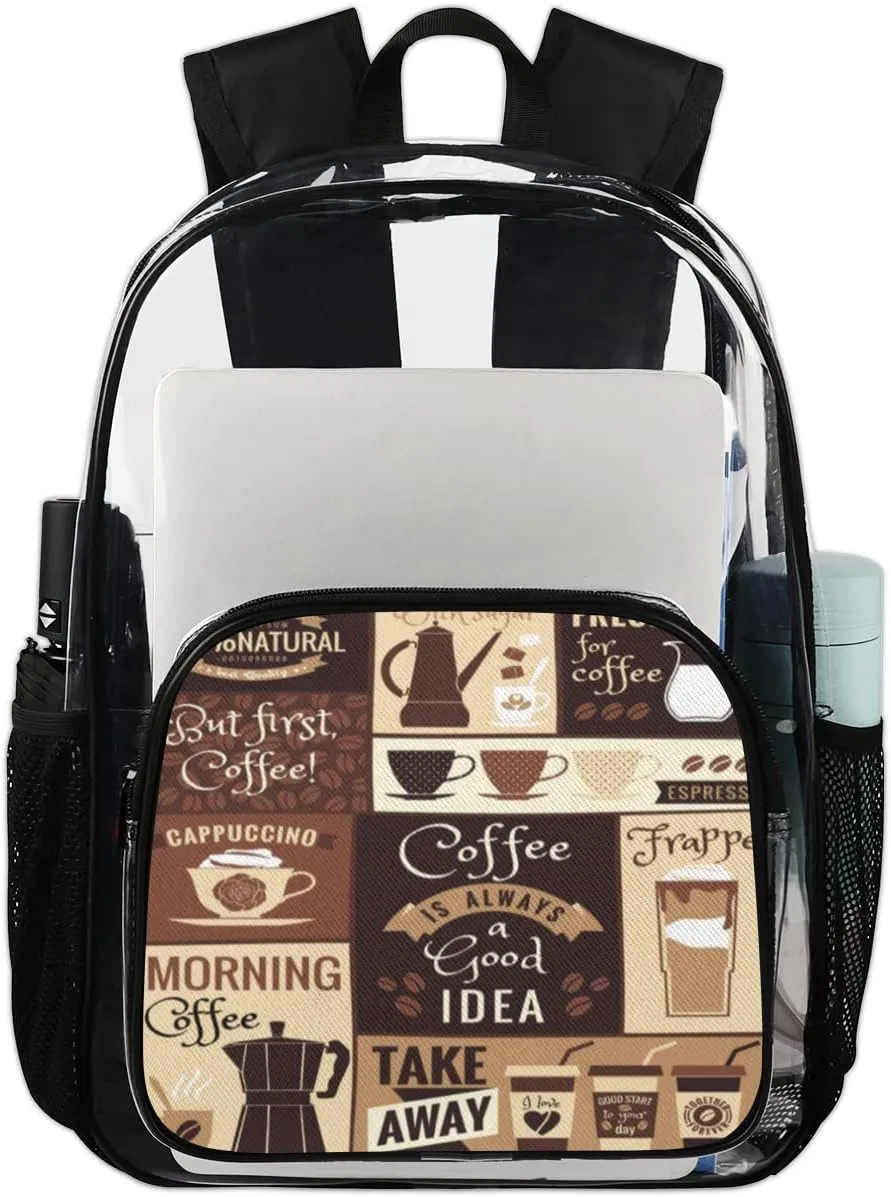 Clear Backpack Bag Coffee Topics Cafe Design,Heavy Duty PVC Transparent Backpack,Bookbag See Through for School,Sports,Work,Travel,College