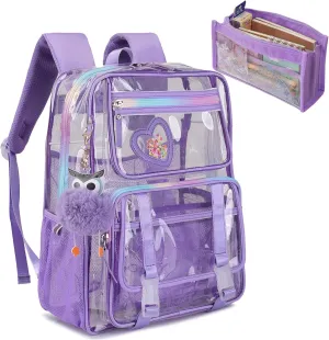 Clear Backpack, Clear Bookbag with Pencil Bag Heavy Duty See Through Bag for Primary Students Teenagers College Work Festival Travel (Clear Bag Purple)