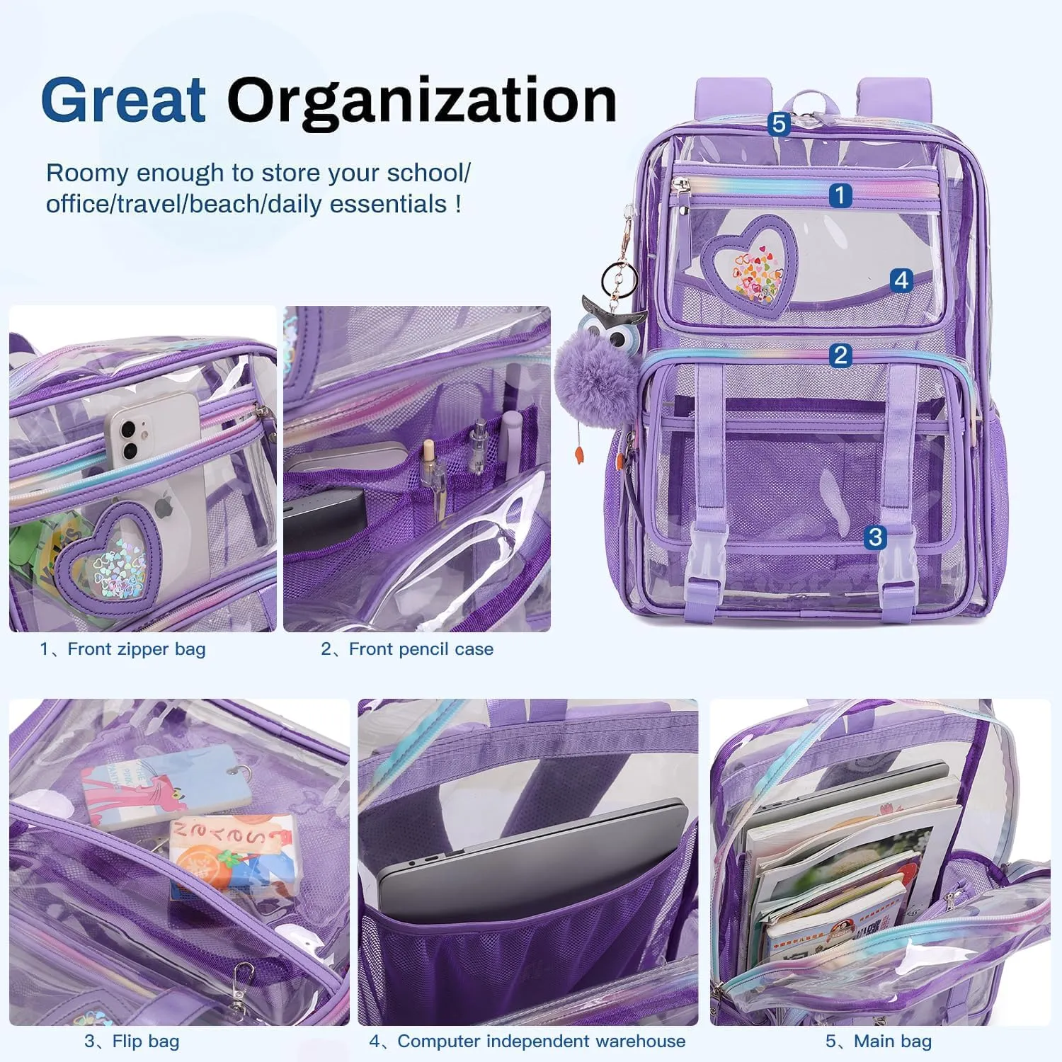 Clear Backpack, Clear Bookbag with Pencil Bag Heavy Duty See Through Bags for Primary Students Teenagers College Work Festival Travel (Clear Bag Black-A)