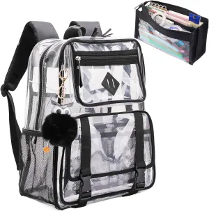 Clear Backpack, Clear Bookbag with Pencil Bag Heavy Duty See Through Bags for Primary Students Teenagers College Work Festival Travel (Clear Bag Black-A)