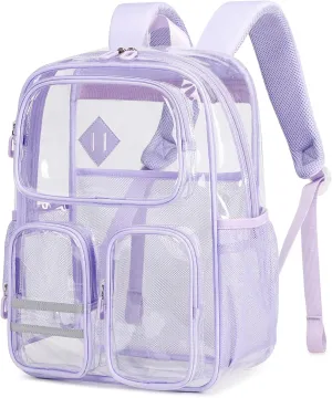 Clear Backpack for Girls Women Heavy Duty Clear Bookbag Stadium Events Multiple Pockets Transparent School Back Pack, Purple