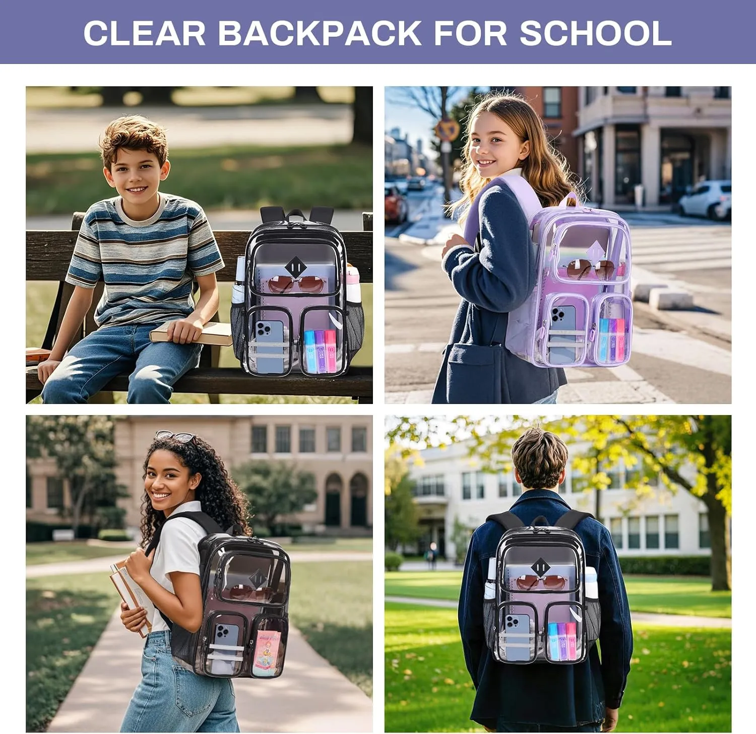 Clear Backpack for Girls Women Heavy Duty Clear Bookbag Stadium Events Multiple Pockets Transparent School Back Pack, Purple