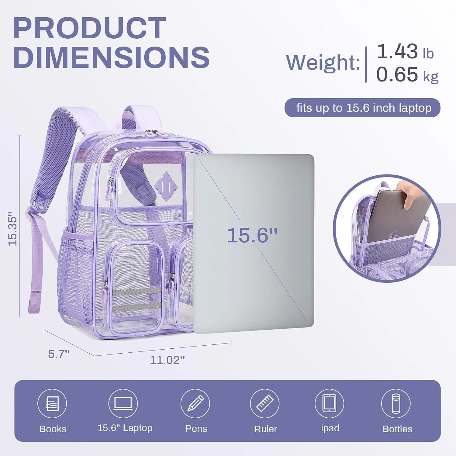 Clear Backpack for Girls Women Heavy Duty Clear Bookbag Stadium Events Multiple Pockets Transparent School Back Pack, Purple