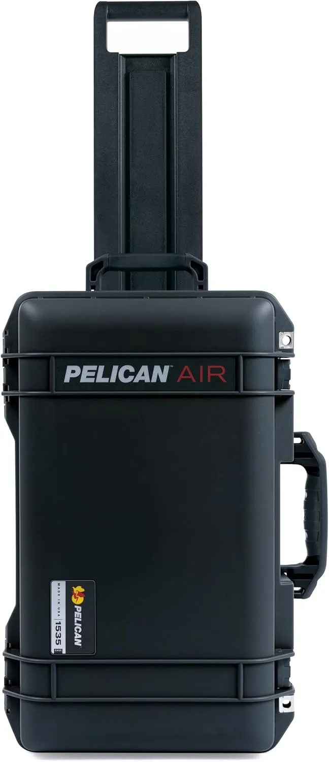 ColorCase Pelican Air 1535 Carry-on Case Black - Medium Size Waterproof Case with Gray Padded Microfiber Dividers & Laptop Computer Lid Pouch - Black Handles & Latches