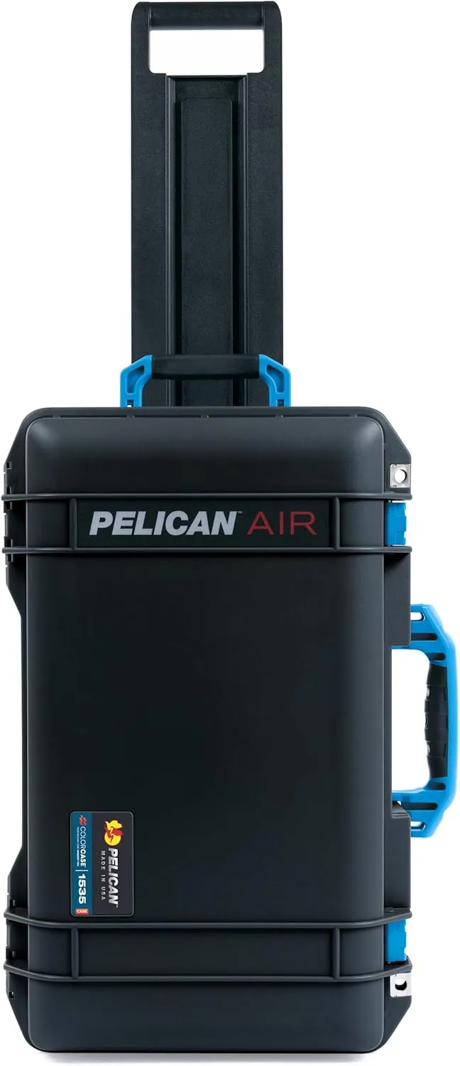 ColorCase Pelican Air 1535 Carry-on Case Black - Medium Size Waterproof Case with Gray Padded Microfiber Dividers & Laptop Computer Lid Pouch - Blue Handles & Latches