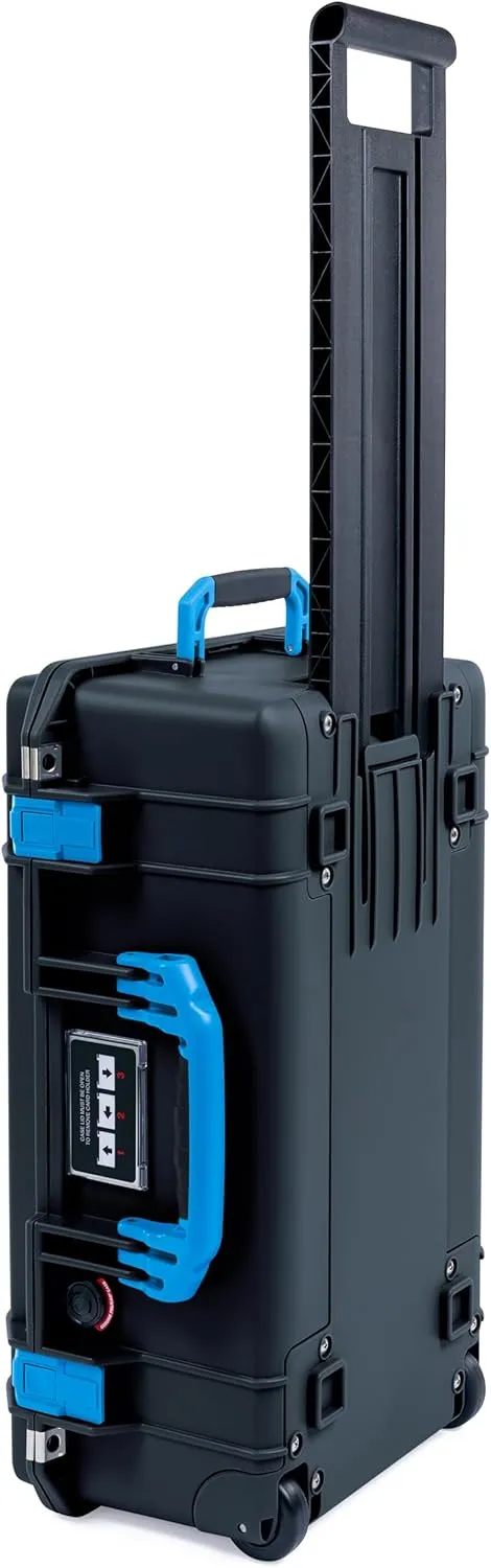 ColorCase Pelican Air 1535 Carry-on Case Black - Medium Size Waterproof Case with Gray Padded Microfiber Dividers & Laptop Computer Lid Pouch - Blue Handles & Latches