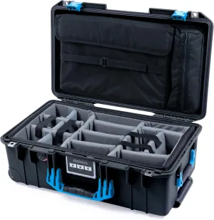 ColorCase Pelican Air 1535 Carry-on Case Black - Medium Size Waterproof Case with Gray Padded Microfiber Dividers & Laptop Computer Lid Pouch - Blue Handles & Latches
